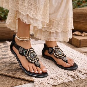 Alegria Black Beaded Sandals Boho Comfort Thong Flat Festival Artisan Chic